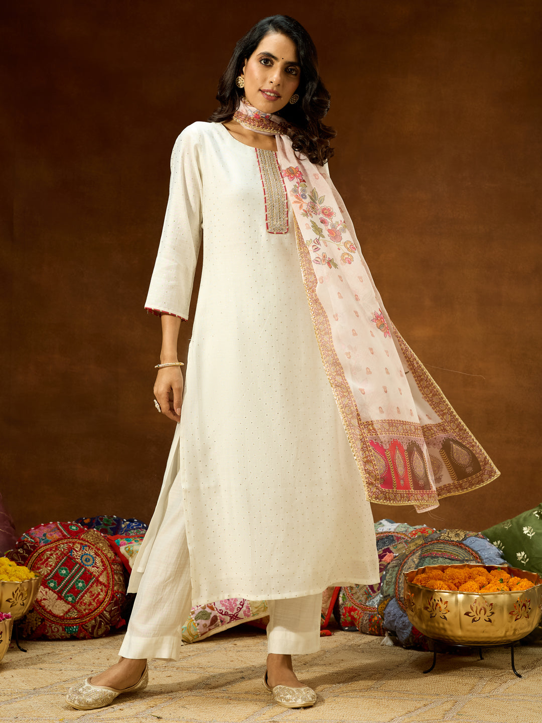 Janasya Women's Off White Silk Blend Embellished Straight Kurta Set