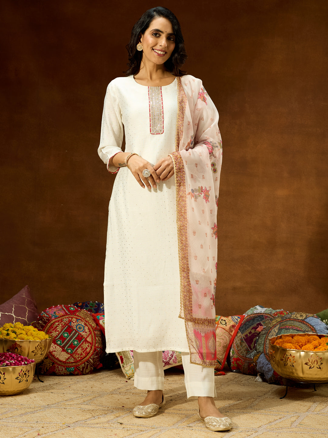 Janasya Women's Off White Silk Blend Embellished Straight Kurta Set
