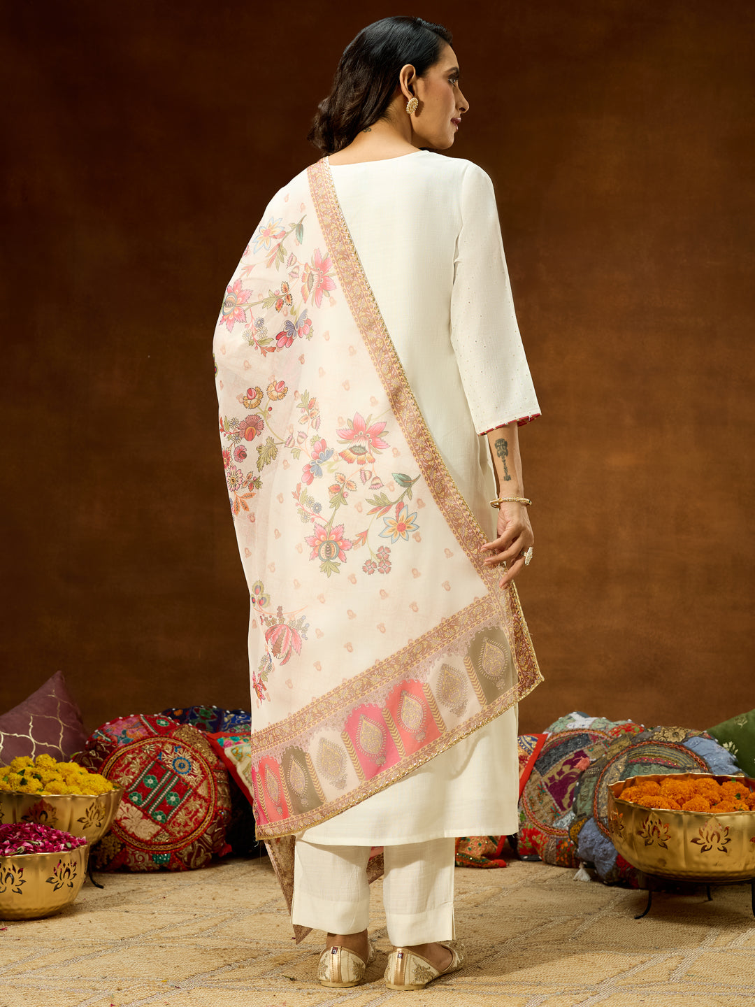 Janasya Women's Off White Silk Blend Embellished Straight Kurta Set