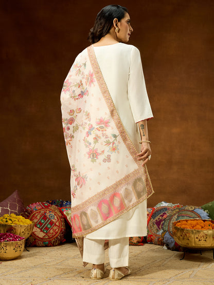 Janasya Women's Off White Silk Blend Embellished Straight Kurta Set