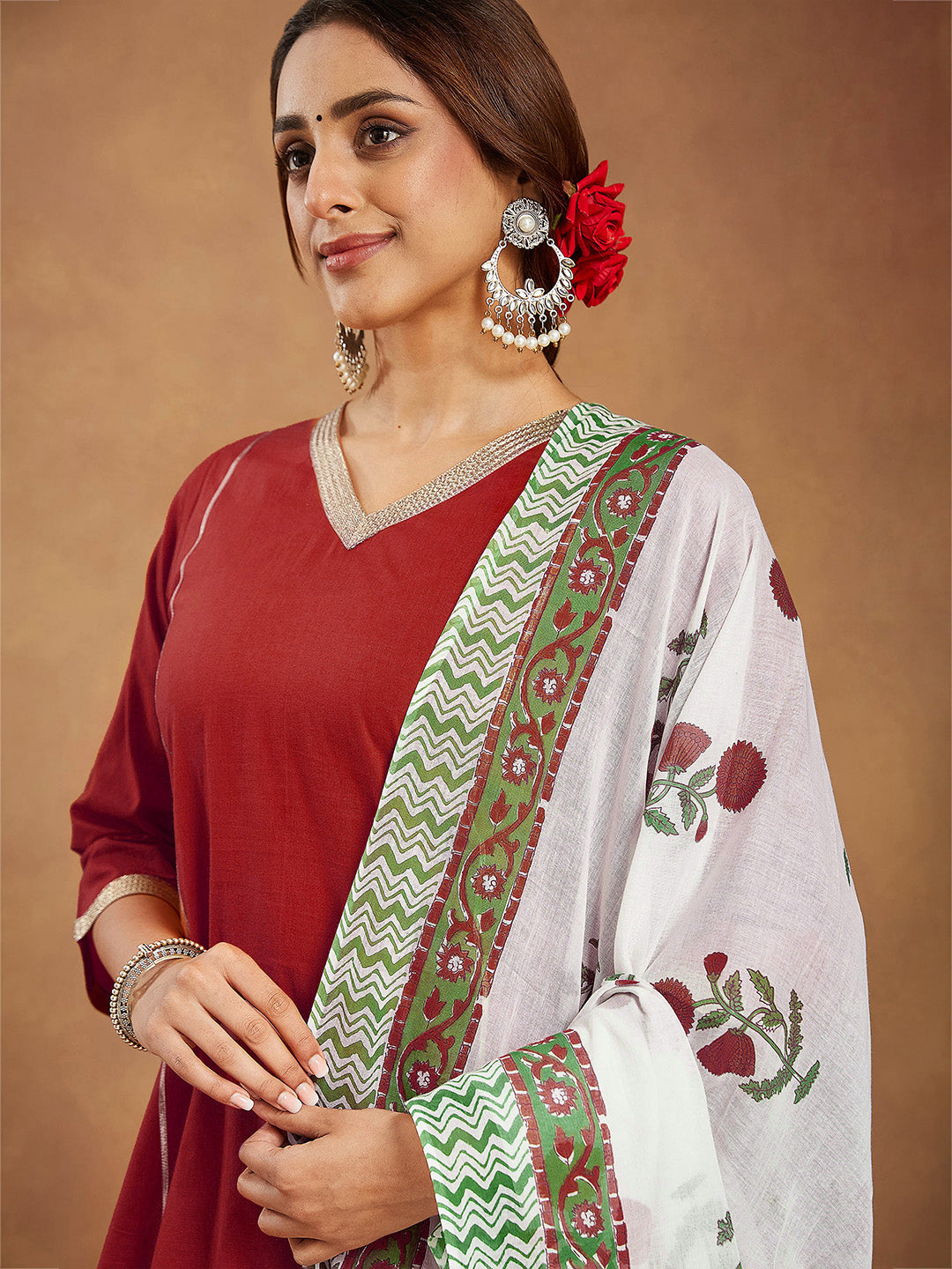 Janasya Women's Red Pure Cotton Embellished Straight Kurta Set