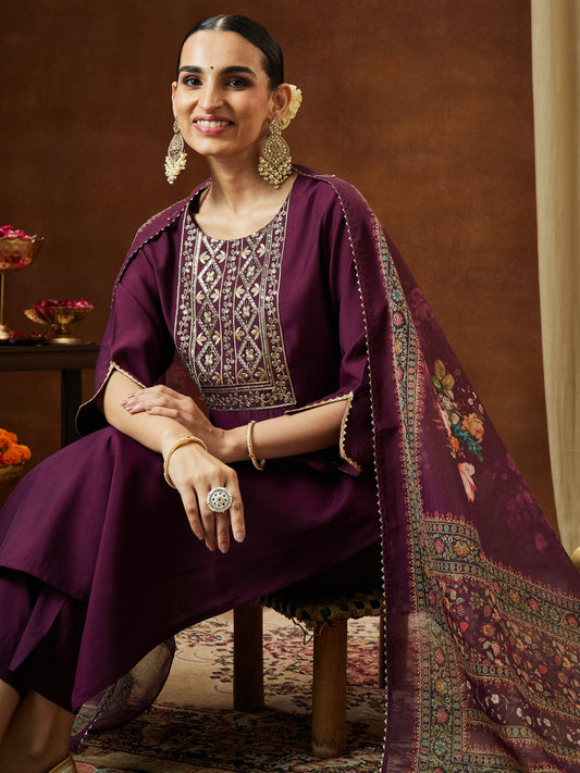 Janasya Women's Wine Chanderi Silk Yoke Embroidered Straight Kurta Set