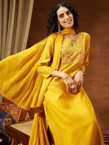 Janasya Women's Mustard Silk Blend Yoke Embroidered Straight Kurta Set
