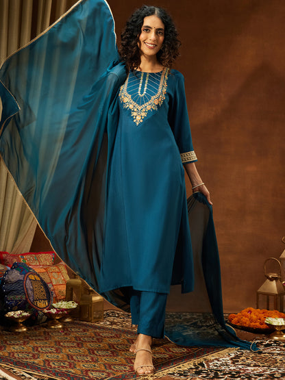 Janasya Women's Teal Blue Silk Blend Yoke Embroidered Straight Kurta Set