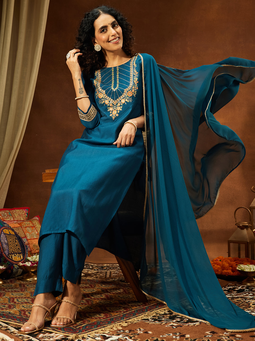 Janasya Women's Teal Blue Silk Blend Yoke Embroidered Straight Kurta Set