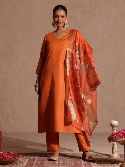 Janasya Women's Orange Cotton Blend Yoke Design Straight Kurta Set With Printed Dupatta