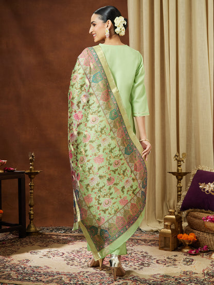 Janasya Women's Mint Green Cotton Blend Yoke Design Straight Kurta Set With Printed Jacquard Dupatta