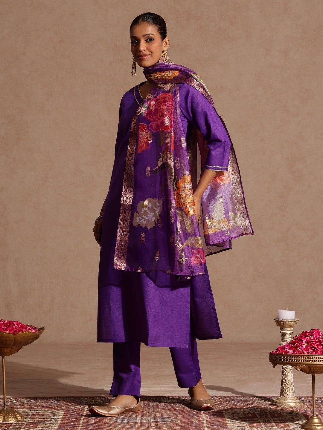 Janasya Women's Purple Cotton Blend Yoke Design Straight Kurta Set With Printed Jacquard Dupatta