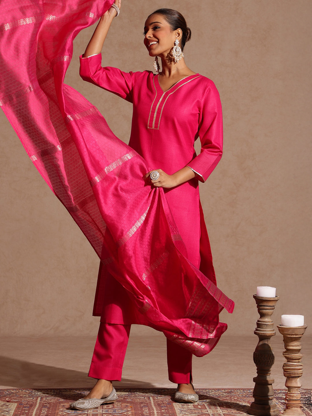 Janasya Women's Pink Cotton Blend Yoke Design Straight Kurta Set