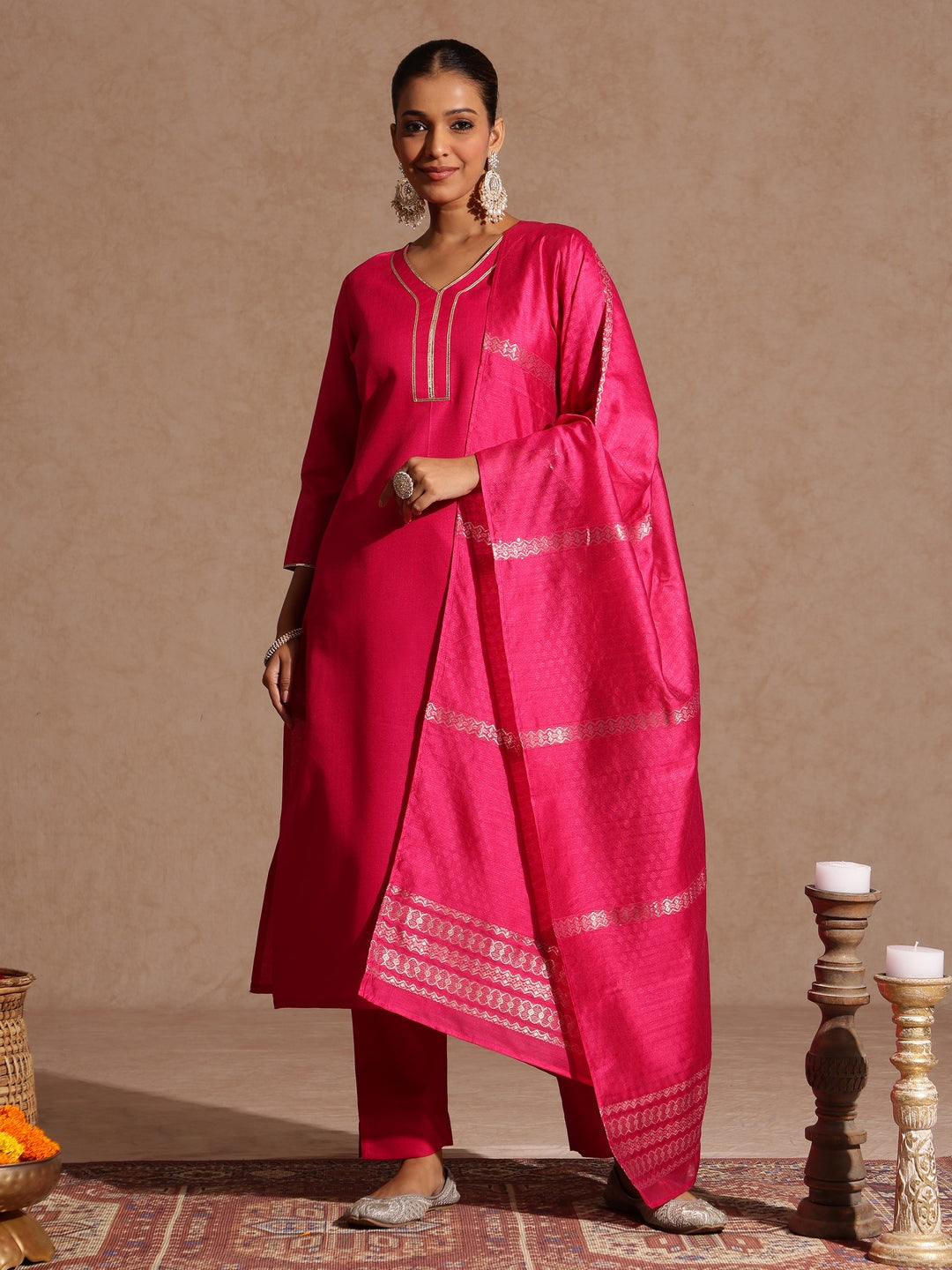 Janasya Women's Pink Cotton Blend Yoke Design Straight Kurta Set