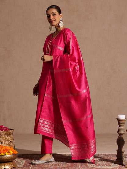 Janasya Women's Pink Cotton Blend Yoke Design Straight Kurta Set