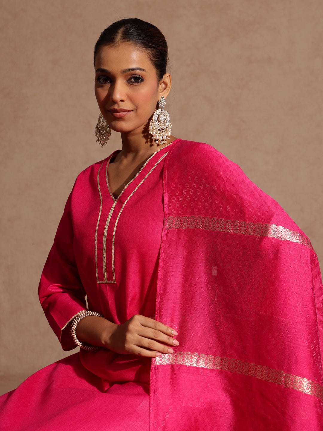 Janasya Women's Pink Cotton Blend Yoke Design Straight Kurta Set