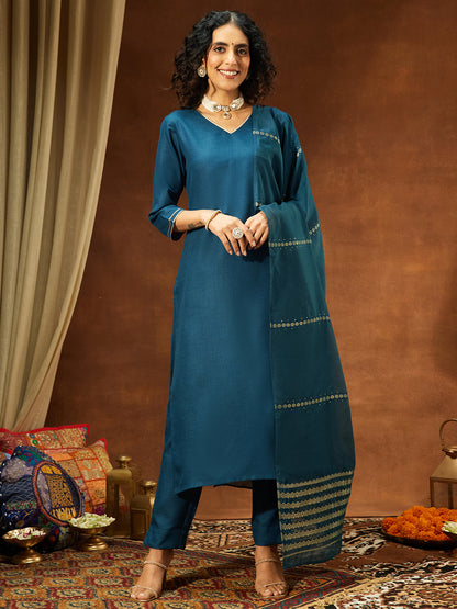 Janasya Women's Teal Blue Cotton Blend Yoke Design Straight Kurta Set