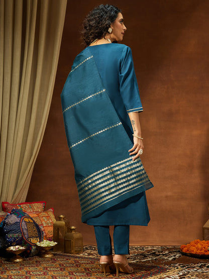 Janasya Women's Teal Blue Cotton Blend Yoke Design Straight Kurta Set