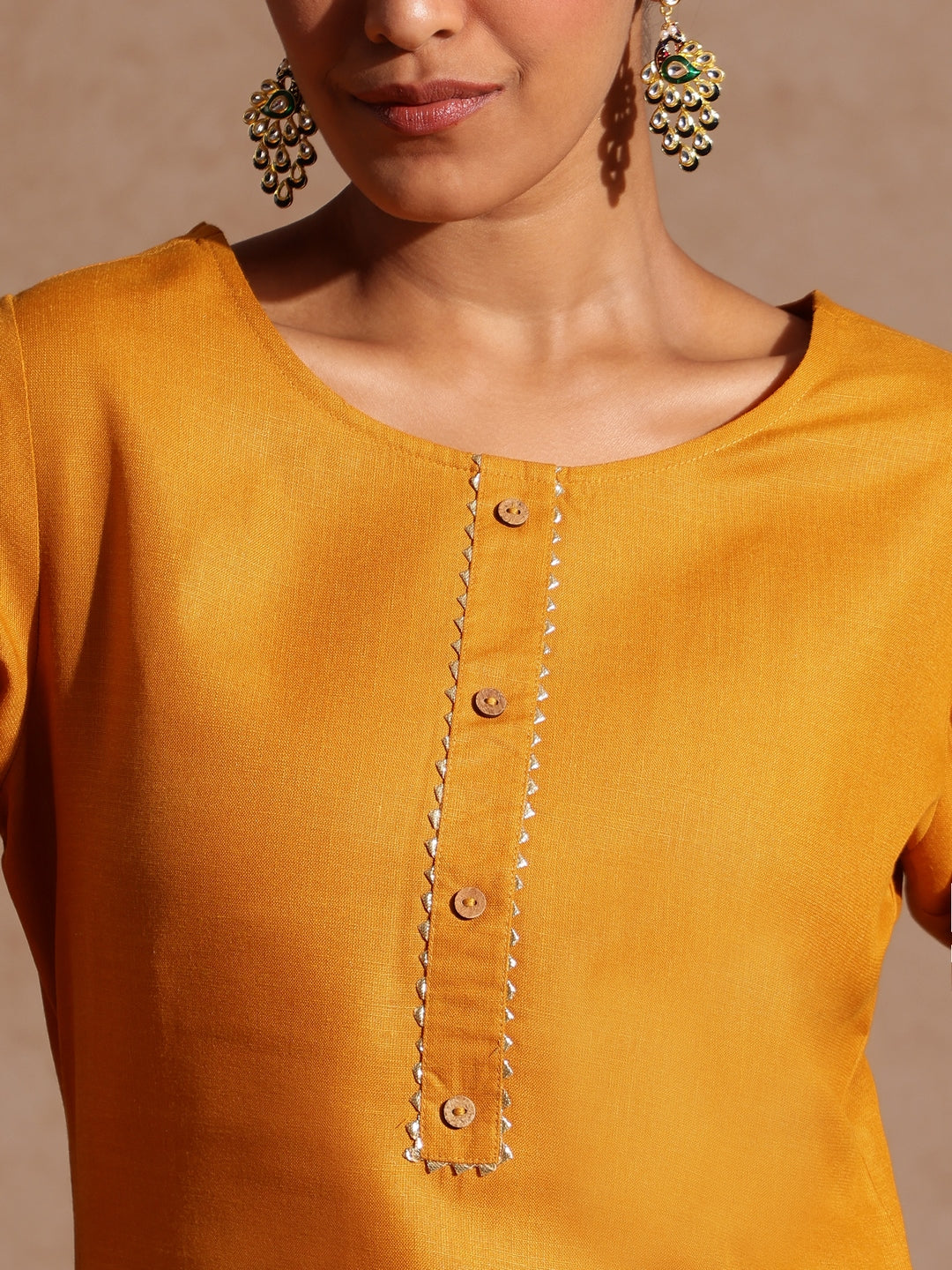 Janasya Women's Mustard Cotton Blend Yoke Design Straight Kurta Set