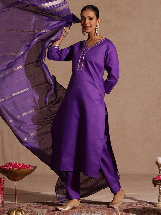 Janasya Women's Purple Cotton Blend Yoke Design Straight Kurta Set