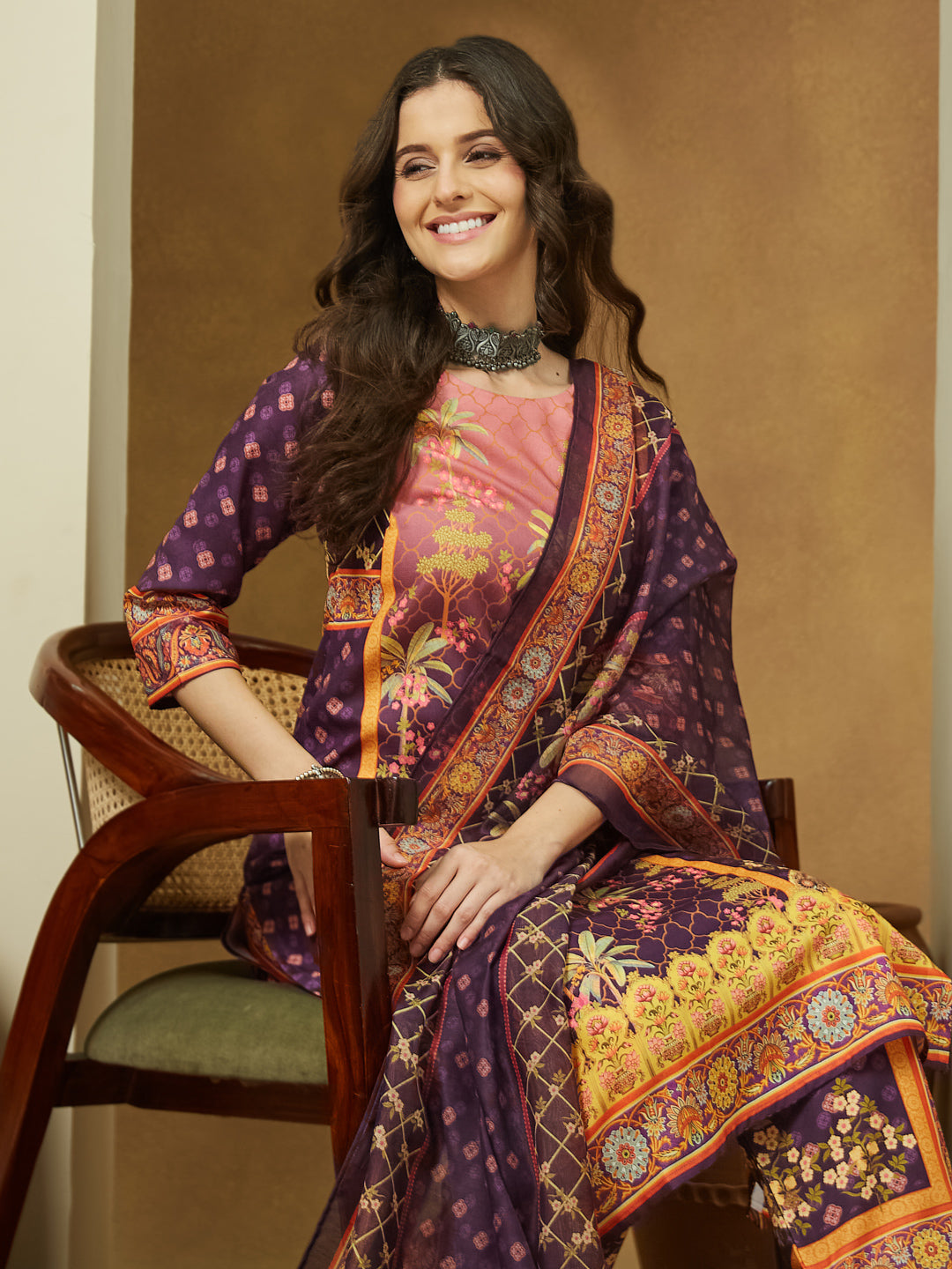 Janasya Women's Purple Cotton Blend Floral Printed Straight Kurta Set