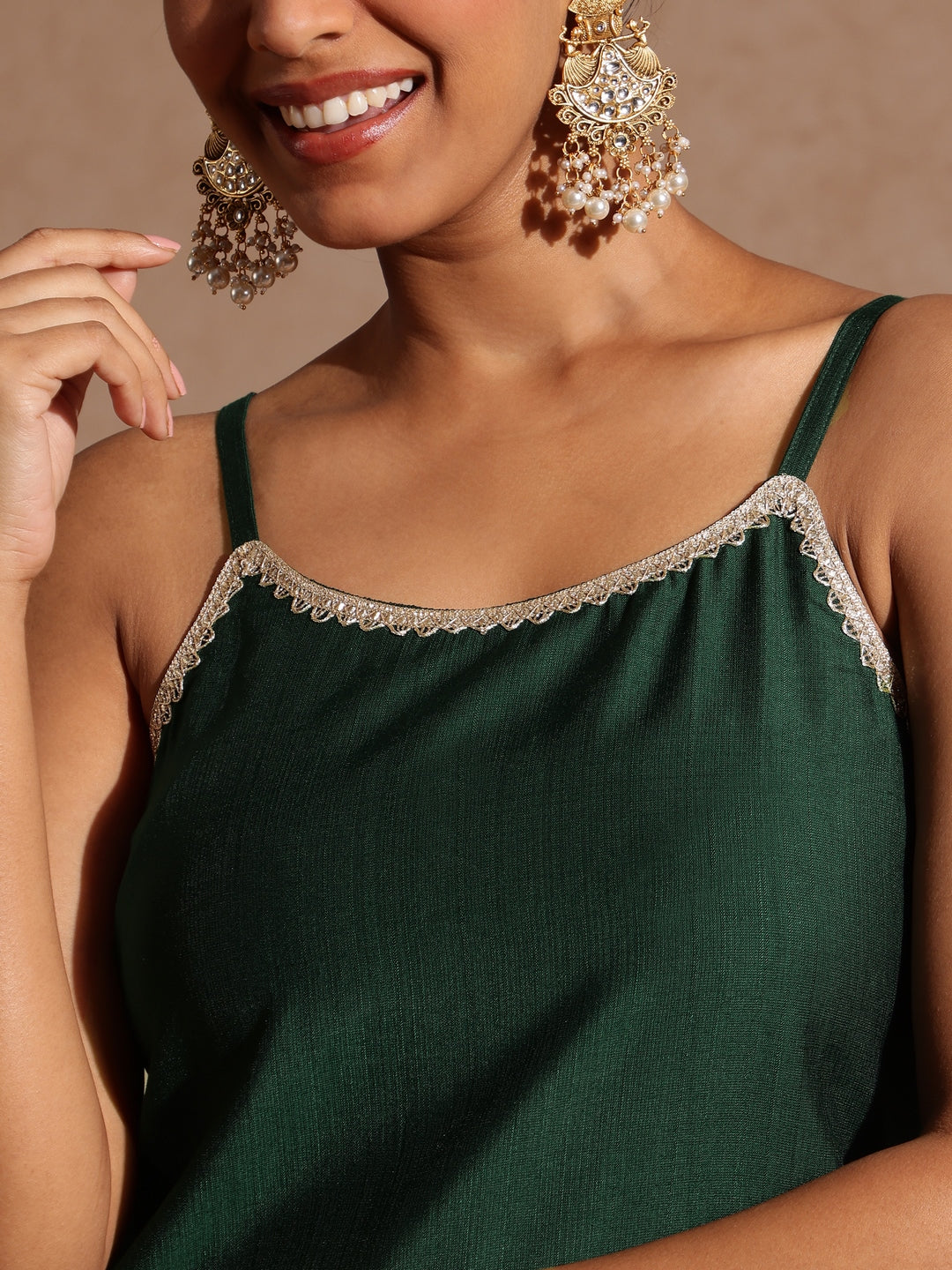 Janasya Women's Bottle Green Silk Blend Embellished Straight Kurta Set