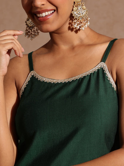 Janasya Women's Bottle Green Silk Blend Embellished Straight Kurta Set