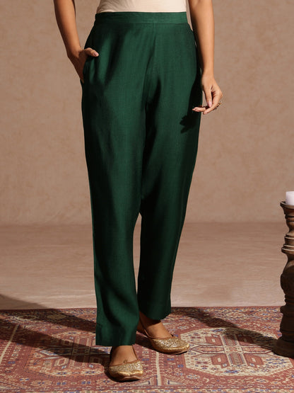 Janasya Women's Bottle Green Silk Blend Embellished Straight Kurta Set