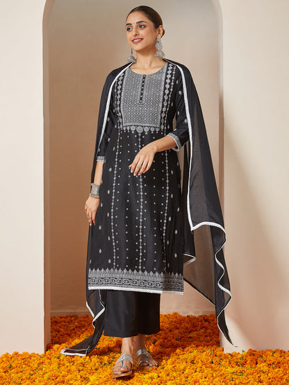 Janasya Women's Black Silk Blend Embellished Straight Kurta Set