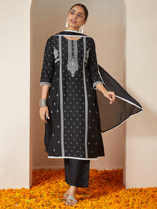 Janasya Women's Black Silk Blend Ethnic Printed Straight Kurta Set