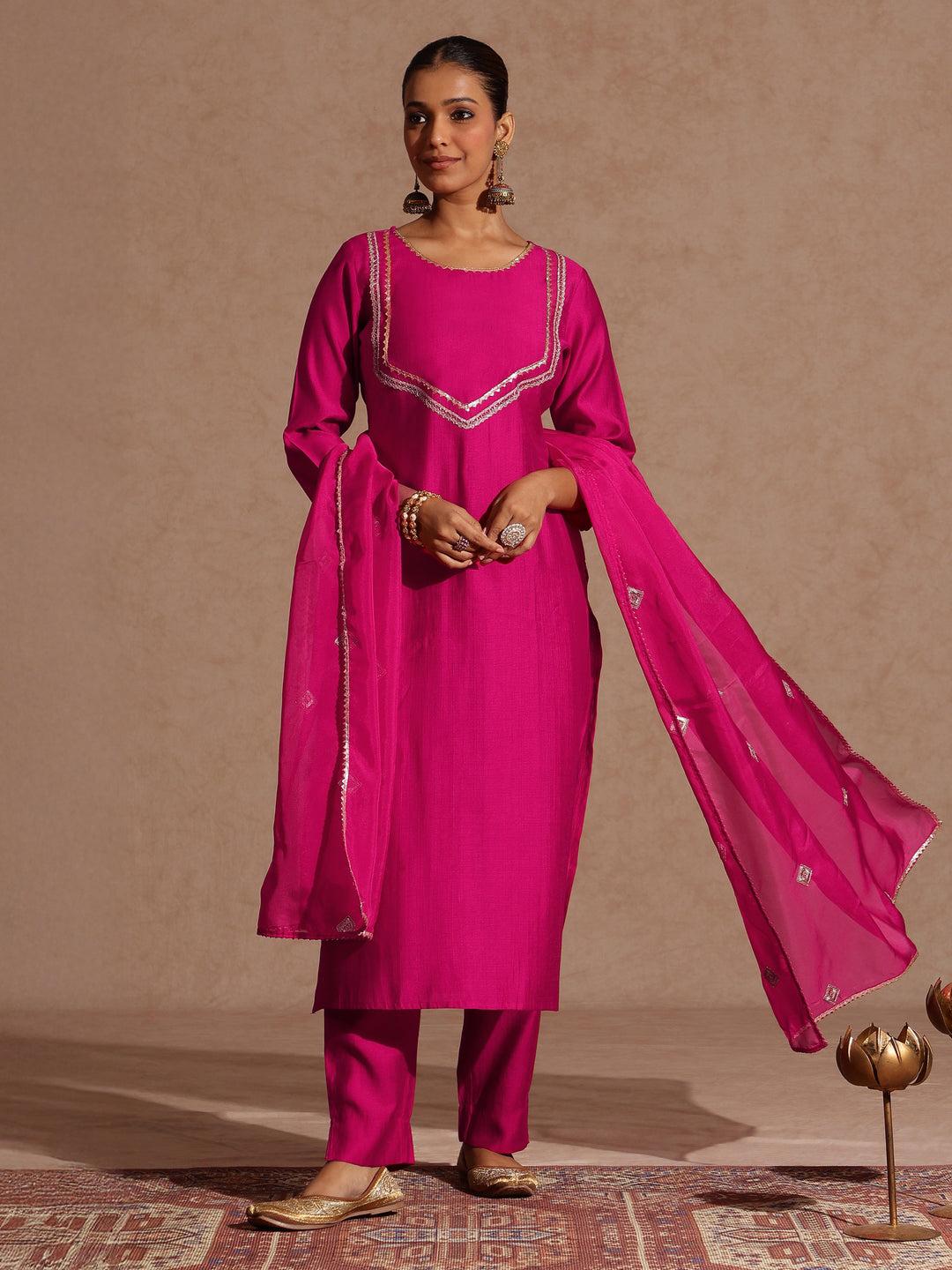 Janasya Women's Pink Silk Blend Embellished Yoke Design Straight Kurta Set