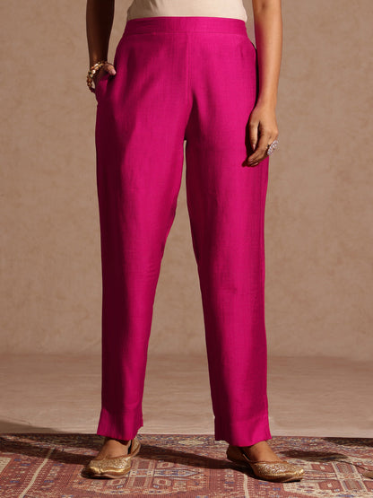 Janasya Women's Pink Silk Blend Embellished Yoke Design Straight Kurta Set