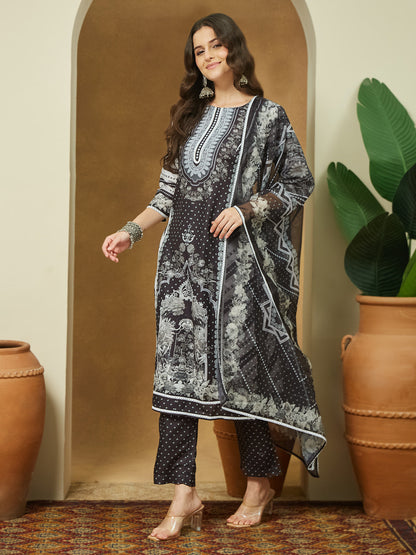 Janasya Women's Black Cotton Blend Floral Printed Straight Kurta Set