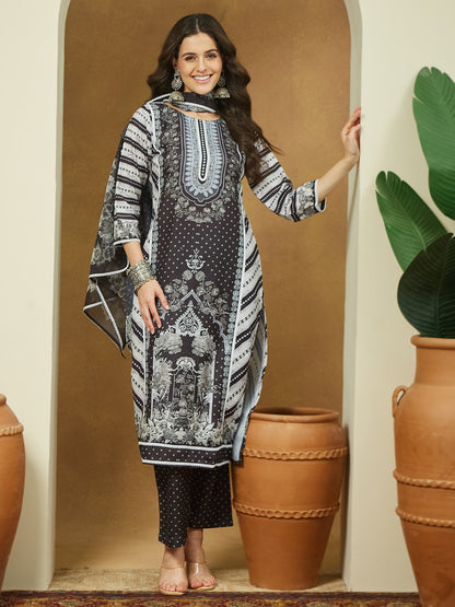 Janasya Women's Black Cotton Blend Floral Printed Straight Kurta Set