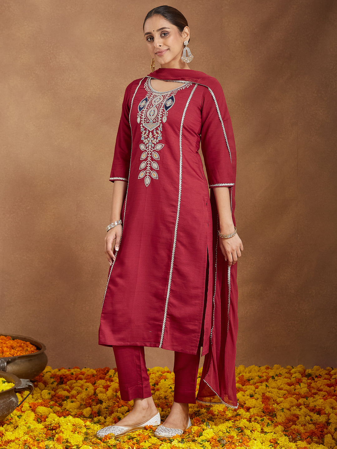 Janasya Women's Maroon Silk Blend Embroidered Straight Kurta Set