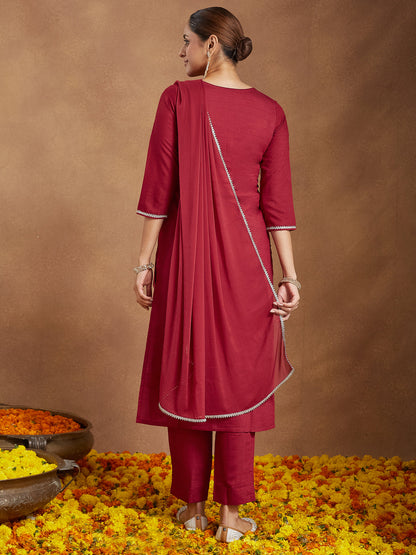 Janasya Women's Maroon Silk Blend Embroidered Straight Kurta Set