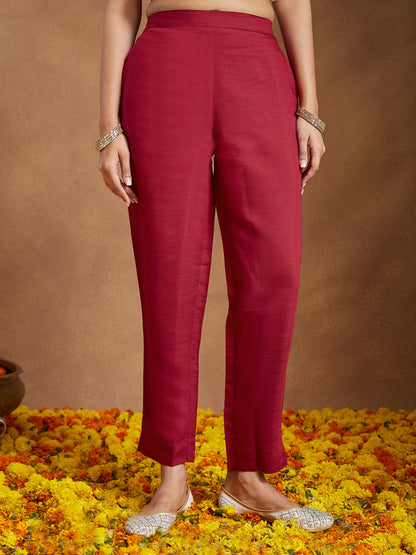 Janasya Women's Maroon Silk Blend Embroidered Straight Kurta Set