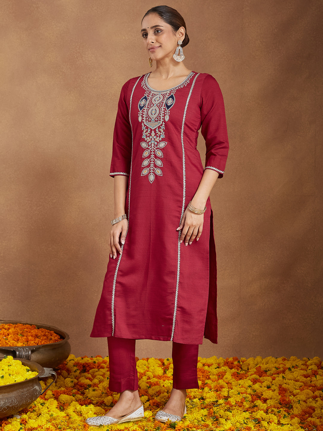Janasya Women's Maroon Silk Blend Embroidered Straight Kurta Set