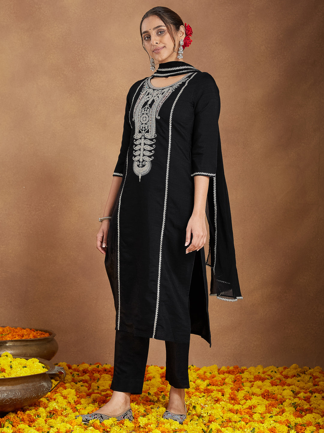 Janasya Women's Black Silk Blend Embroidered Straight Kurta Set