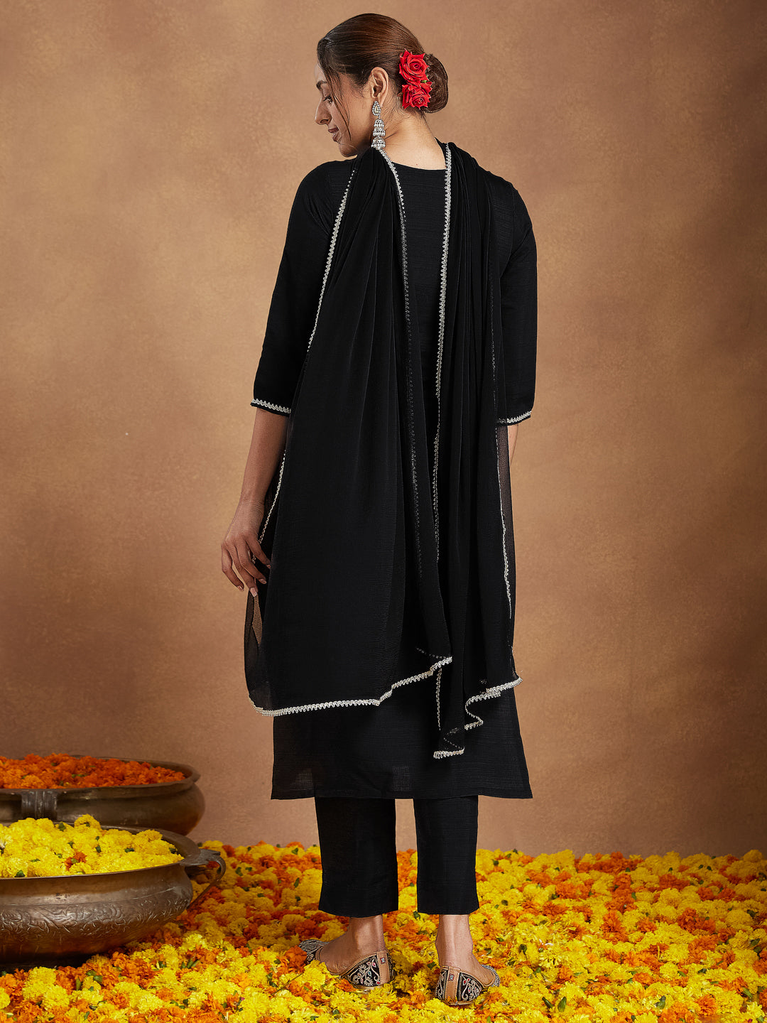 Janasya Women's Black Silk Blend Embroidered Straight Kurta Set