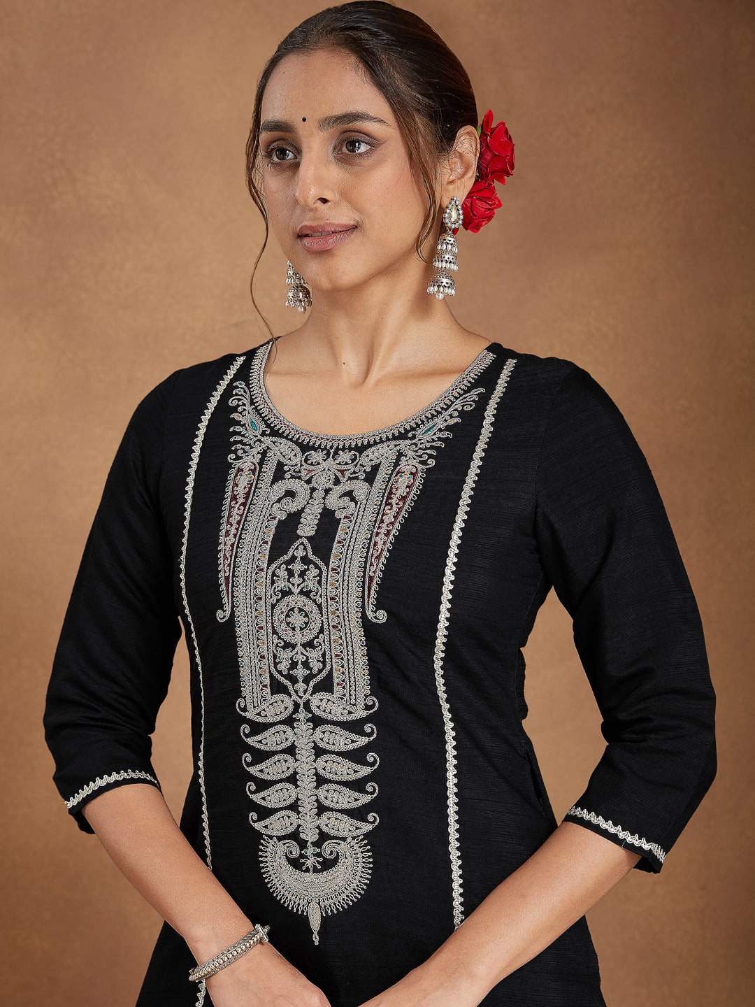 Janasya Women's Black Silk Blend Embroidered Straight Kurta Set