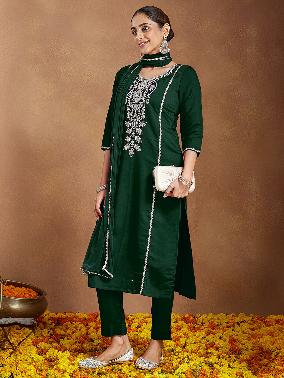 Janasya Women's Bottle Green Silk Blend Embroidered Straight Kurta Set