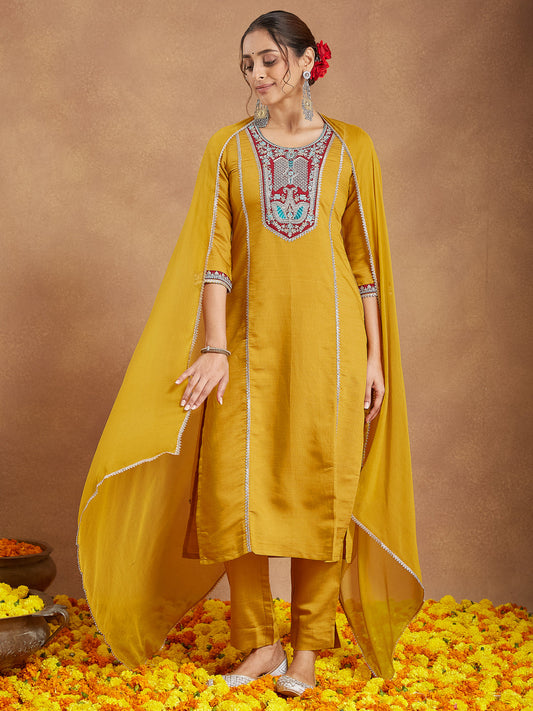 Janasya Women's Mustard Silk Blend Embroidered Straight Kurta Set