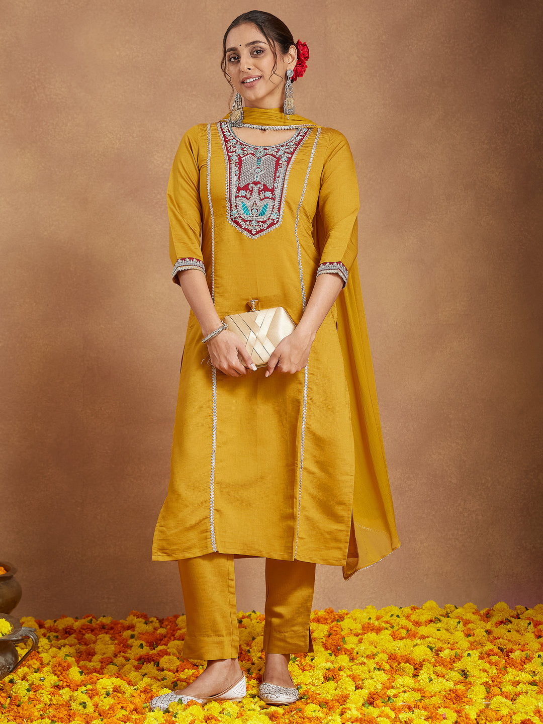 Janasya Women's Mustard Silk Blend Embroidered Straight Kurta Set