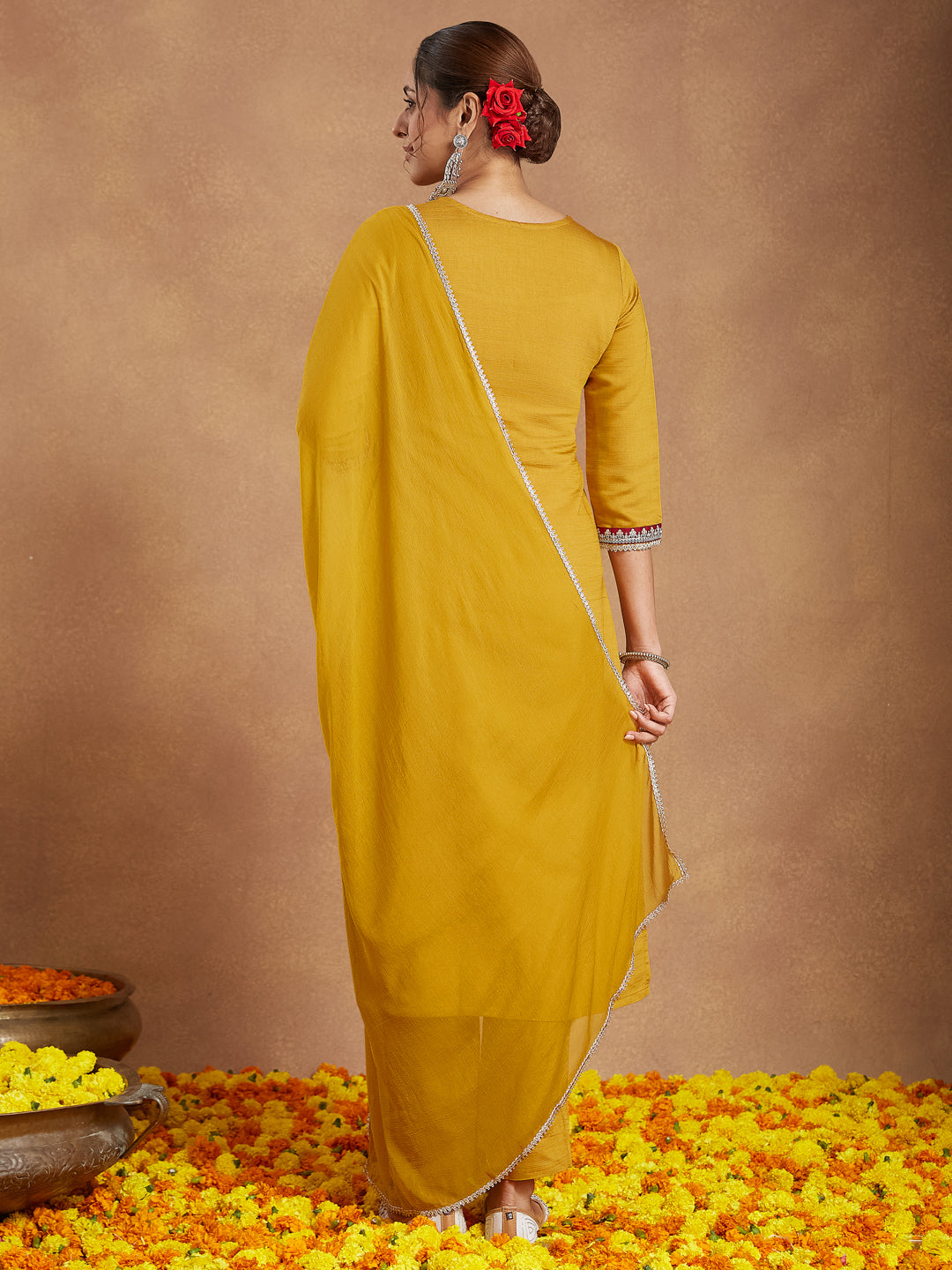 Janasya Women's Mustard Silk Blend Embroidered Straight Kurta Set