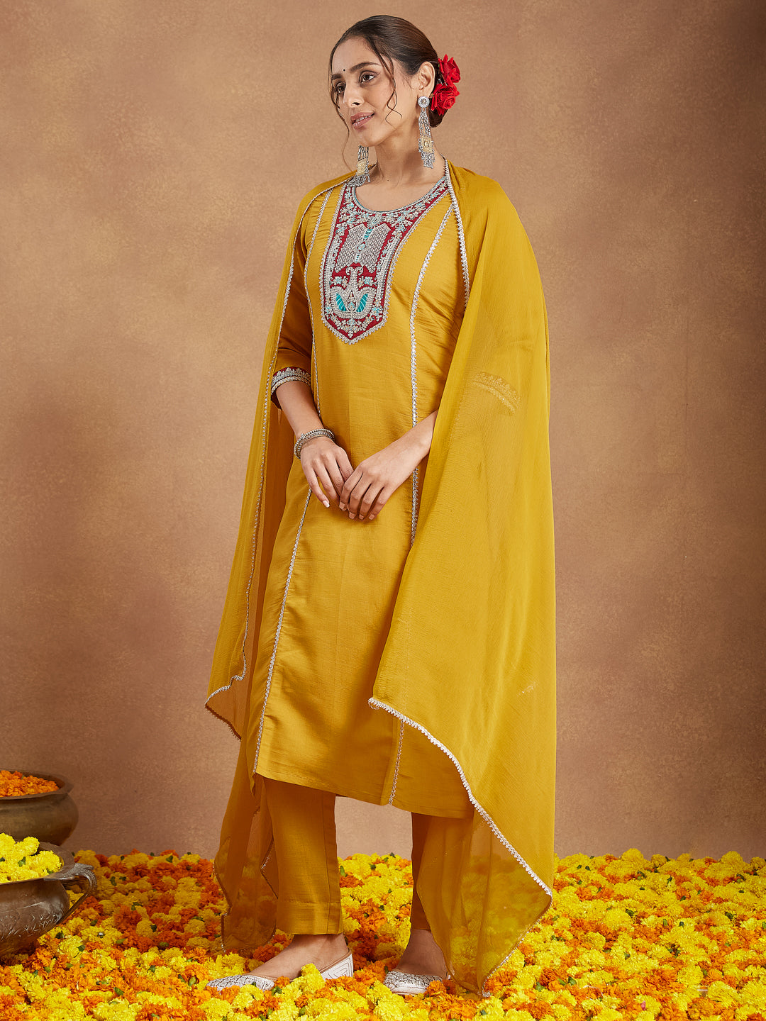 Janasya Women's Mustard Silk Blend Embroidered Straight Kurta Set