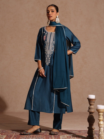 Janasya Women's Teal Blue Silk Blend Embroidered Straight Kurta Set