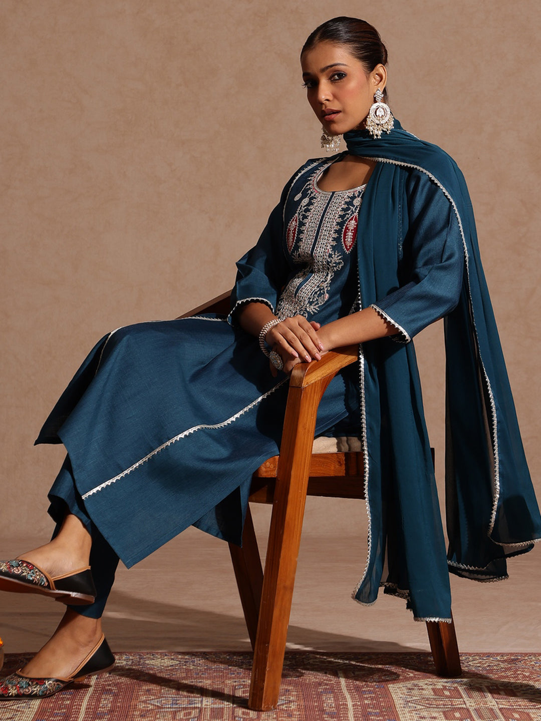 Janasya Women's Teal Blue Silk Blend Embroidered Straight Kurta Set