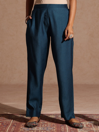 Janasya Women's Teal Blue Silk Blend Embroidered Straight Kurta Set