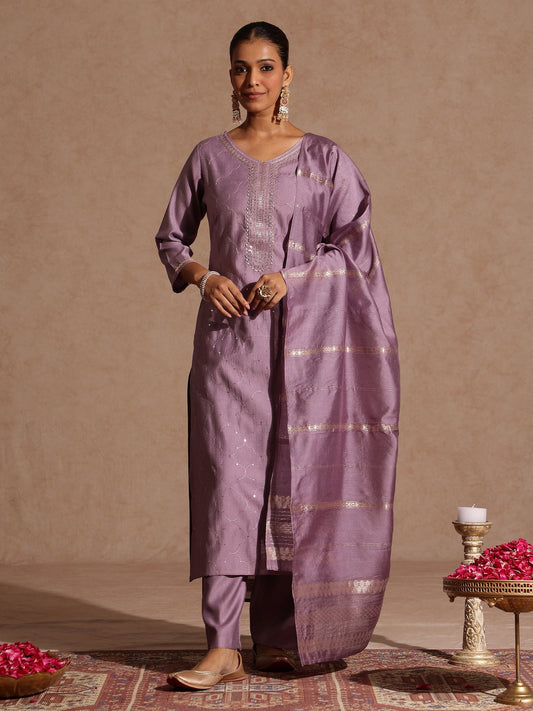 Janasya Women's Lavender Silk Blend Embellished Straight Kurta Set