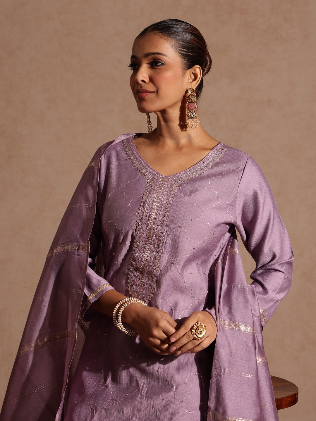 Janasya Women's Lavender Silk Blend Embellished Straight Kurta Set