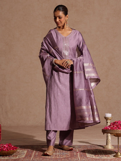 Janasya Women's Lavender Silk Blend Embellished Straight Kurta Set