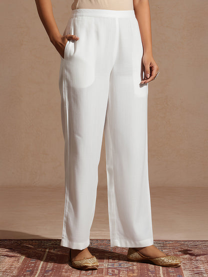 Janasya Women's Off White Silk Blend Embellished Zari Embroidered Straight Kurta Set