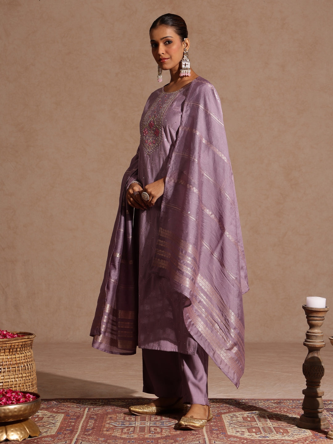 Janasya Women's Lavender Silk Blend Embellished Straight Kurta Set
